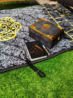Premium Pocket Quran Gift Pack – Black & Gold with Prayer Mat, Tasbeeh & Attar