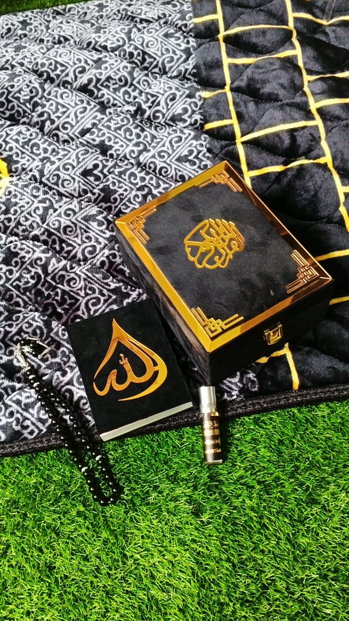 Premium Pocket Quran Gift Pack – Black & Gold with Prayer Mat, Tasbeeh & Attar