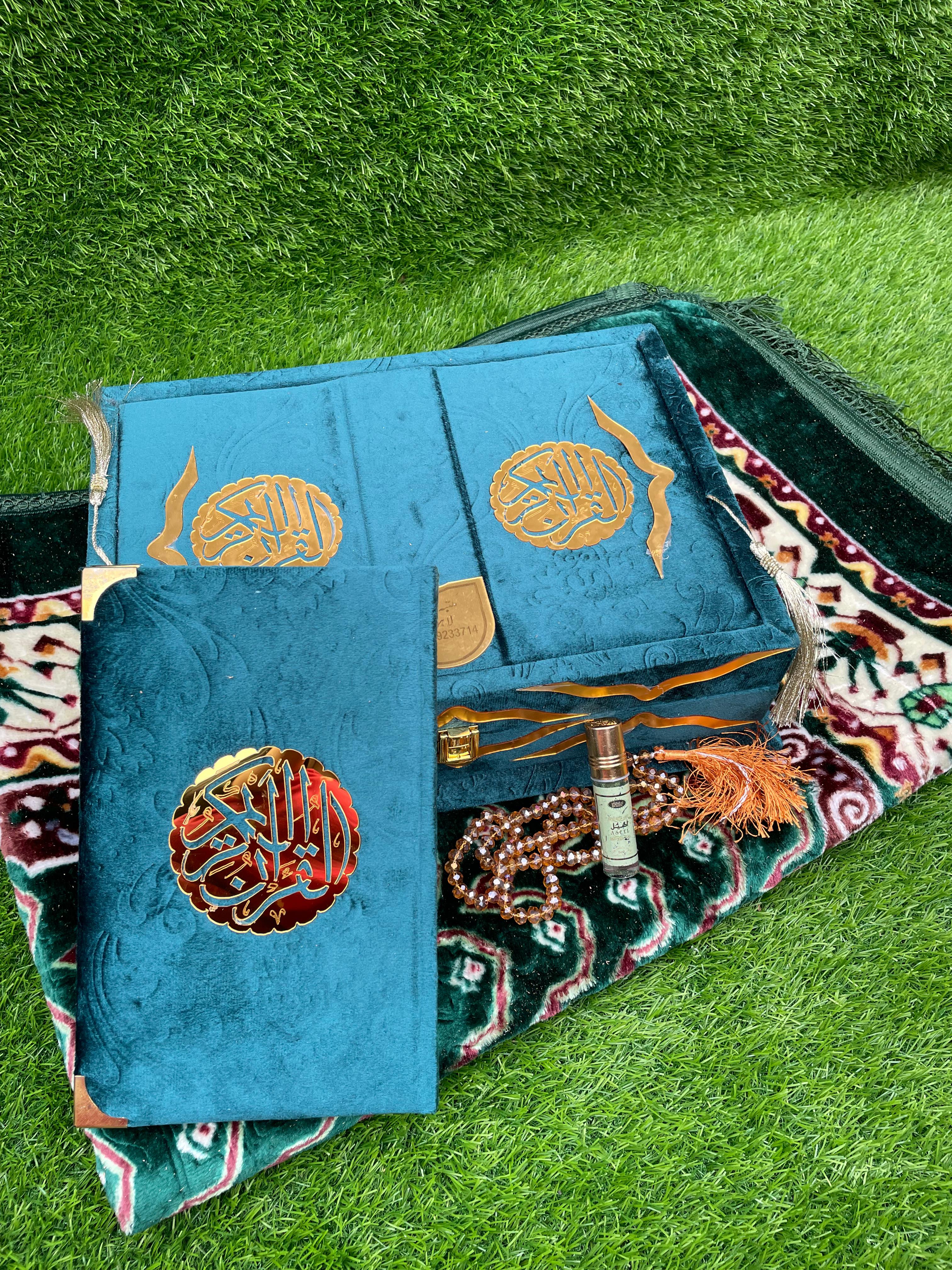 Velvet Quran Gift Set Attar & Prayer Mat - 11 Colors Options