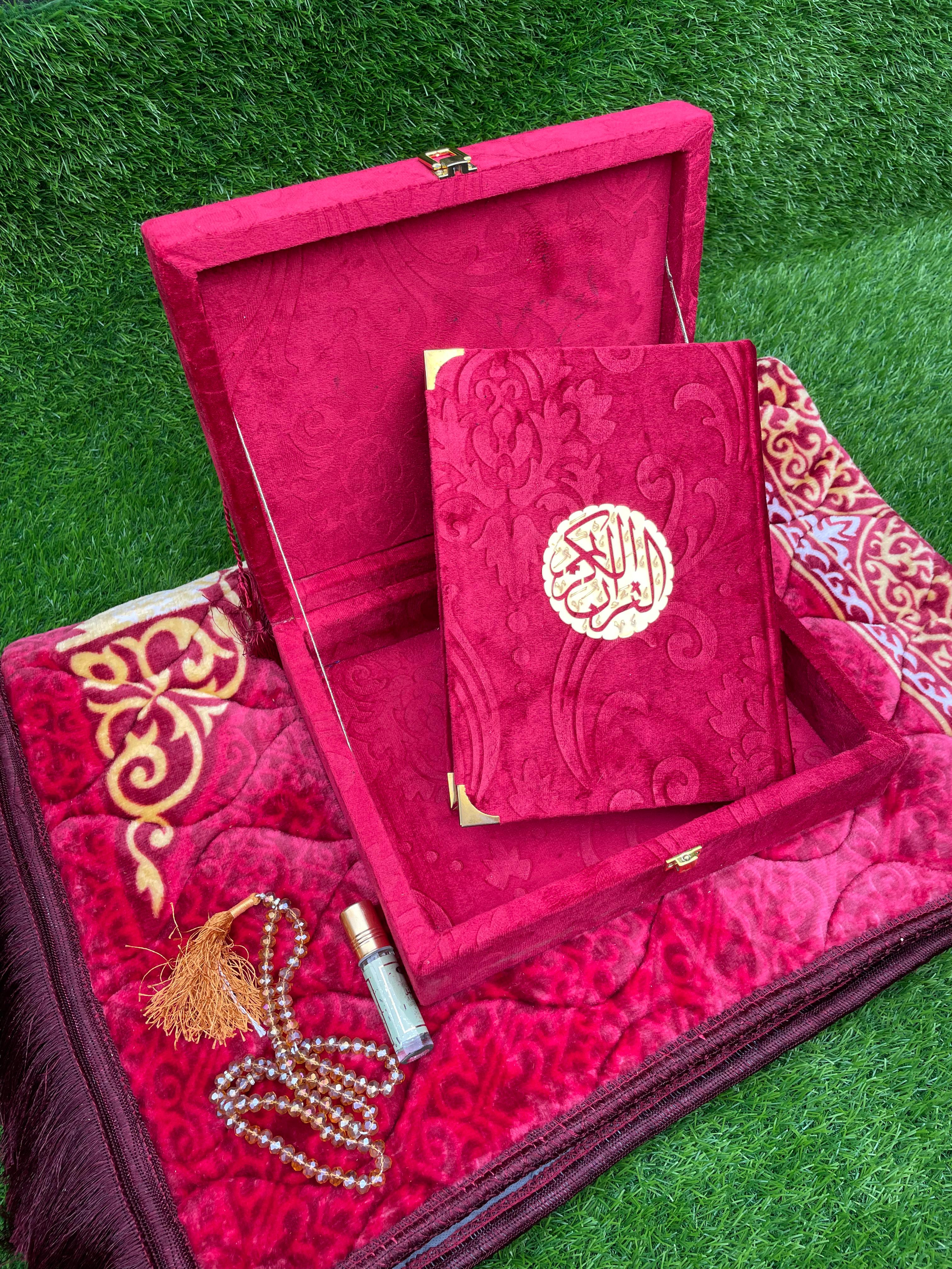 Velvet Quran Gift Set Attar & Prayer Mat - 11 Colors Options