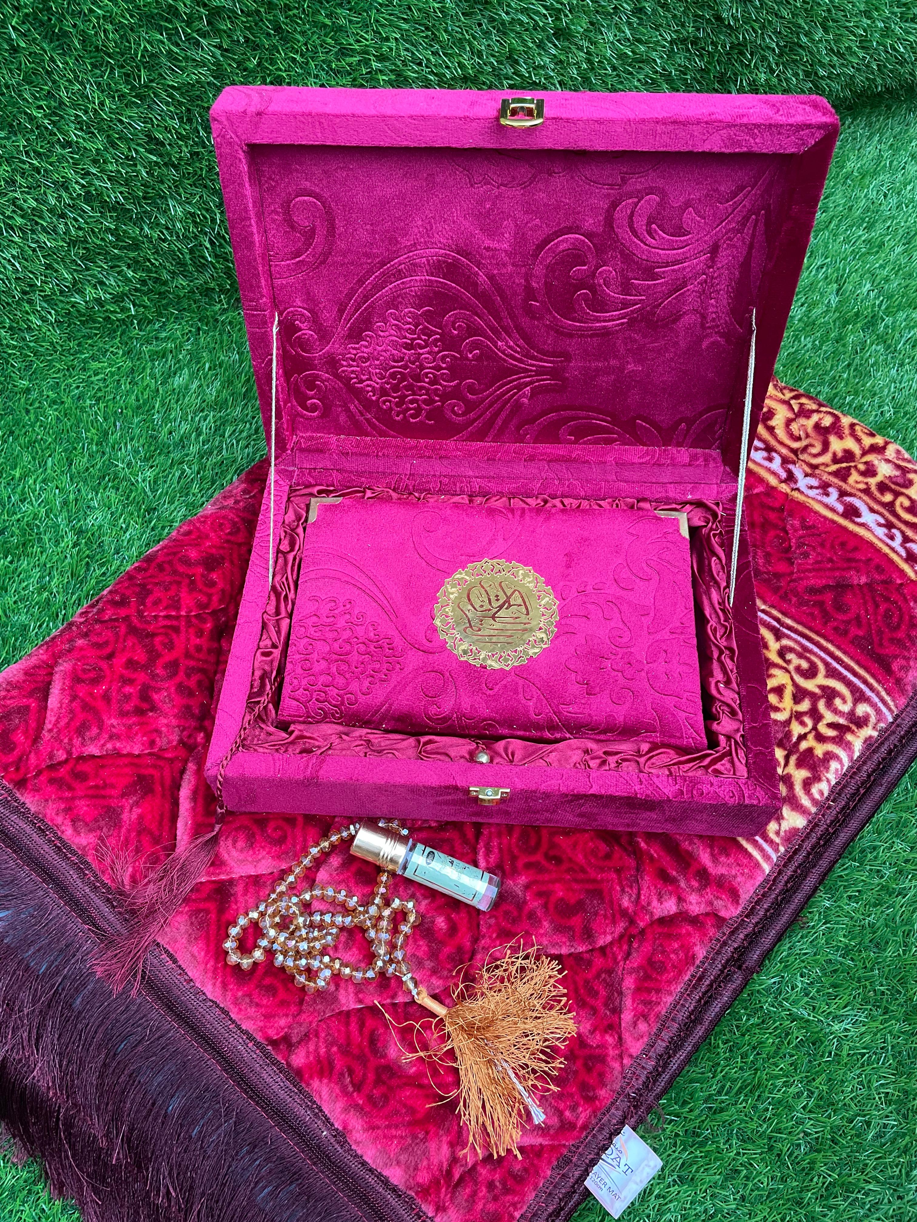 Velvet Quran Gift Set Attar & Prayer Mat - 11 Colors Options