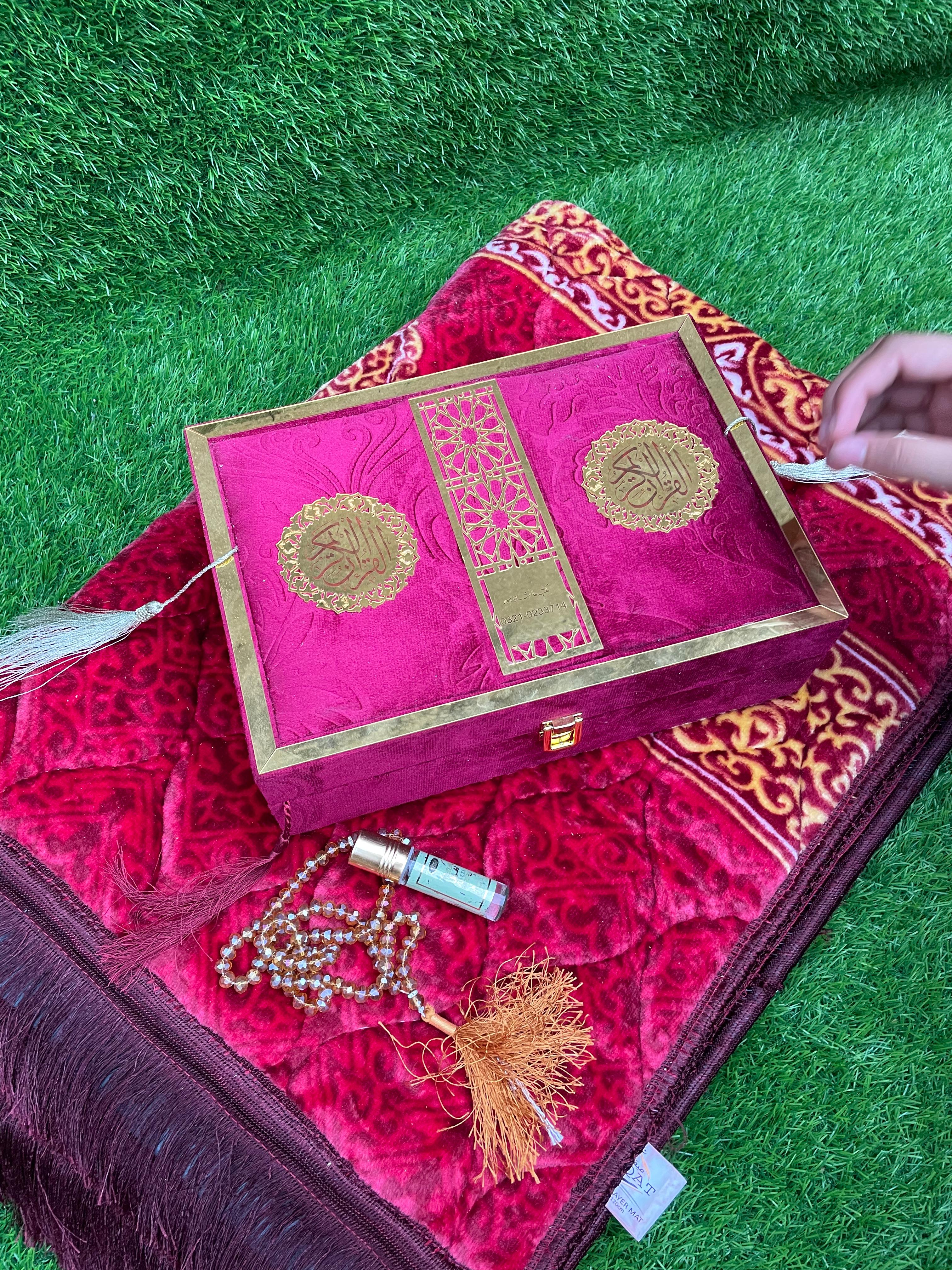 Velvet Quran Gift Set Attar & Prayer Mat - 11 Colors Options